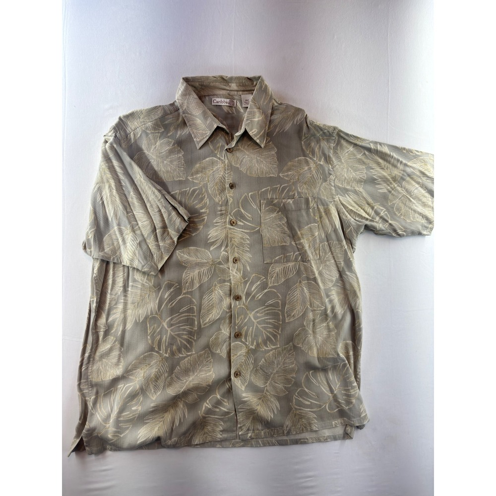 Caribbean Roundtree & Yorke Mens 2XLT Silk Tropical Leaf Camp Shirt Sage Green